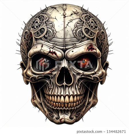 Intricate Skull Illustration with Floral Engravings and Fiery Eyes Isolated on White Background for Spooky Intricate Skull Illustration with Floral Engravings and Fiery Eyes Isolated on White Background for Spooky 134482671