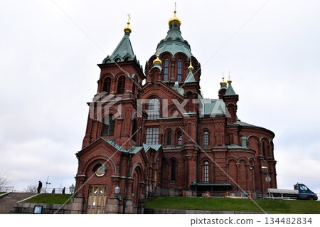 Helsinki Uspenski Cathedral - Russian architecture with red bricks and a golden cross 134482834