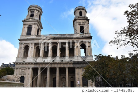 Saint-Sulpice Church in Paris: Neoclassical architecture with twin towers of different designs 134483083