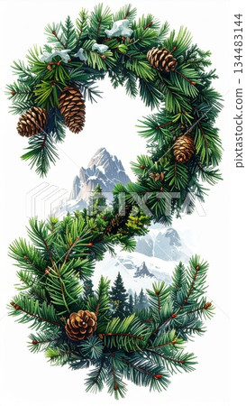 Evergreen Boughs Twisting Into Number Two Shape With Snowy Mountain Backdrop Evergreen Boughs Twisting Into Number Two Shape With Snowy Mountain Backdrop 134483144