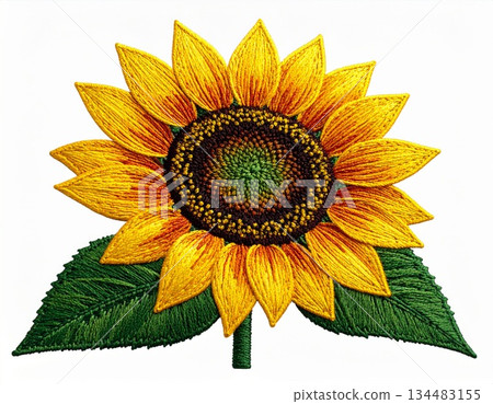 Detailed Sunflower Embroidery with Yellow Petals Green Leaves and White Background Close Up Detailed Sunflower Embroidery with Yellow Petals Green Leaves and White Background Close Up 134483155