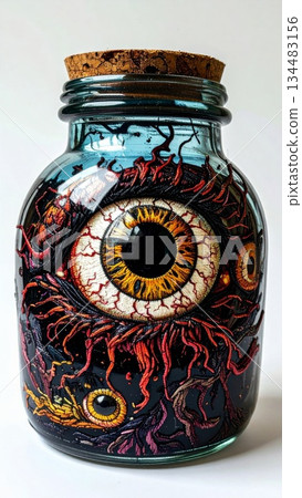 Detailed Illustration of a Jar with a Large Eye surrounded by Tentacles on Dark Liquid with Cork Detailed Illustration of a Jar with a Large Eye surrounded by Tentacles on Dark Liquid with Cork 134483156