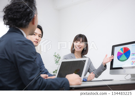 商務人士在會議室開會。一位女士正在講解計劃。一位女士正在講解計劃。 134483225