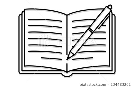 一幅筆記本和鋼筆的線條勾勒插圖圖標，代表寫日記這項嗜好。 134483261