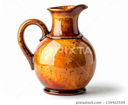 Ceramic Pitcher on White Surface Glazed in Amber and Brown Isolated Object Ceramic Pitcher on White Surface Glazed in Amber and Brown Isolated Object 134483599