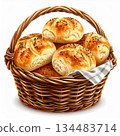 Basket Full of Golden Brown Breads with Sesame Seeds and Plaid Cloth on White Background 134483714