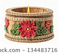 Decorative Candle Holder with Red Floral Crochet Design and Warm Candlelight 134483716