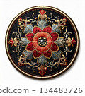 Intricate Floral Embroidery Ornament Featuring Red Blossoms and Golden Accents on Dark Textured Circular 134483726