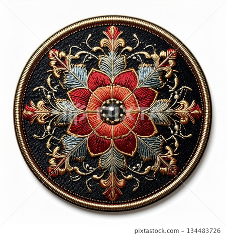 Intricate Floral Embroidery Ornament Featuring Red Blossoms and Golden Accents on Dark Textured Circular 134483726