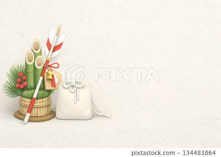 New Year's illustration of hamaya and purse, natural background, right margin 134483864