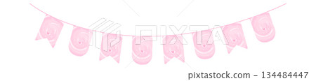 Pink pennant garland with soft watercolor texture hanging on rope as festive bunting decoration for baby birthday party girl celebration isolated on white background cartoon style illustration Pink pennant garland with soft watercolor texture hanging on rope as festive bunting decoration for baby birthday party girl celebration isolated on white background cartoon style illustration 134484447