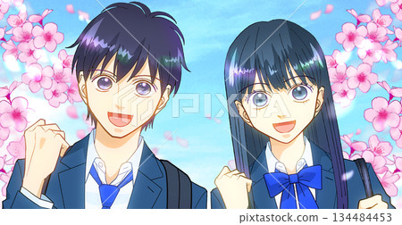Anime-style illustration of high school or junior high school students, male and female, carrying backpacks and school bags, with a background of cherry blossoms and sky Anime-style illustration of high school or junior high school students, male and female, carrying backpacks and school bags, with a background of cherry blossoms and sky 134484453
