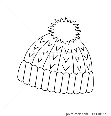 Knitted Winter Hat with Pom Pom Line Art Illustration for Coloring and Design Knitted Winter Hat with Pom Pom Line Art Illustration for Coloring and Design 134484543