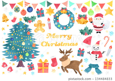 Christmas illustration watercolor texture set Christmas illustration watercolor texture set 134484833