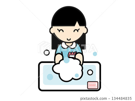 Kindergarten girl washing her hands Kindergarten girl washing her hands 134484835