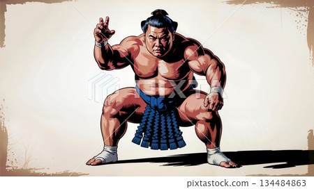 powerful sumo wrestler in a traditional style standing in a crouching position 134484863