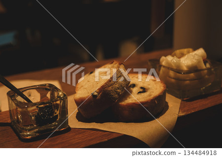 Olive Appetizer Bread and Black Olive Jam under Warm Light Olive Appetizer Bread and Black Olive Jam under Warm Light 134484918