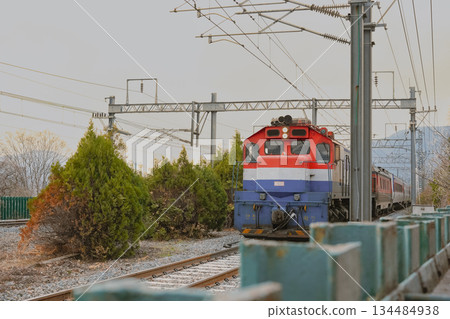 Korean Diesel Locomotive Entering the Track under Power Lines and Green Trees Korean Diesel Locomotive Entering the Track under Power Lines and Green Trees 134484938