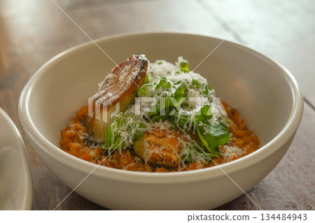 Creamy Rose Risotto with Grilled Mushroom and Fresh Greens Creamy Rose Risotto with Grilled Mushroom and Fresh Greens 134484943