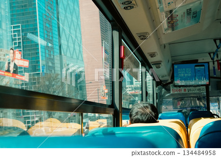 Clean Seats and Interior of an Empty Public Bus in Seoul, Korea Clean Seats and Interior of an Empty Public Bus in Seoul, Korea 134484958