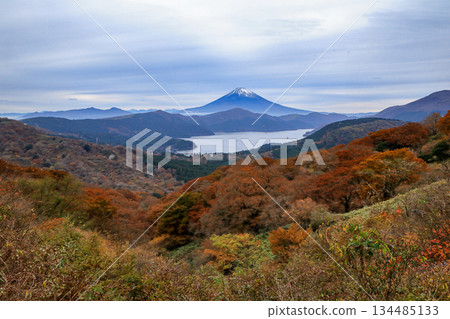 Lake Ashi and Mt. Fuji as seen from Mt. Daikanzan in autumn colors 134485133