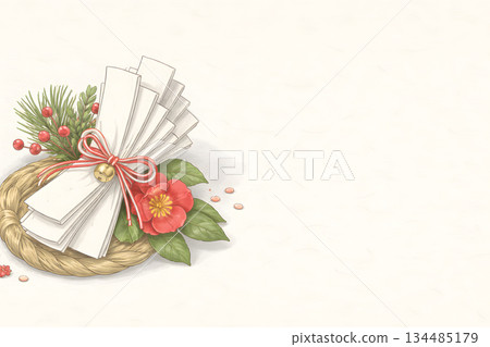 新年幸運符的水彩插畫，包含算命用的紙捆和鈴鐺。 134485179