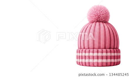 Knitted pink winter hat with pom pom and striped pattern, featuring ribbed texture and soft fabric. Isolated on transparent background 134485245