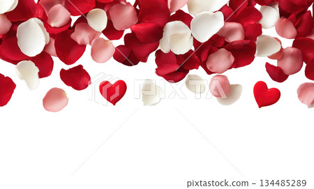 Red and white rose petals scattered on a white background, creating a romantic atmosphere for Valentine's Day celebrations and love-themed events. Isolated on transparent background Red and white rose petals scattered on a white background, creating a romantic atmosphere for Valentine's Day celebrations and love-themed events. Isolated on transparent background 134485289
