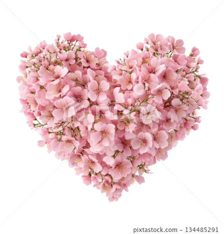 Heart-shaped arrangement of delicate pink cherry blossoms symbolizes love and affection, perfect for Valentine's Day celebrations and romantic gestures. Isolated on transparent background 134485291