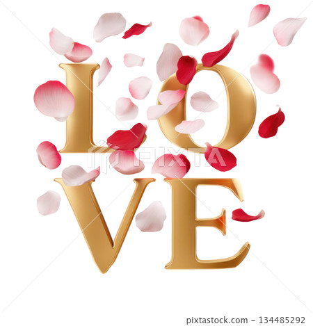 Golden letters spelling love surrounded by delicate rose petals, symbolizing romance and affection for Valentine's Day celebration. Isolated on transparent background 134485292