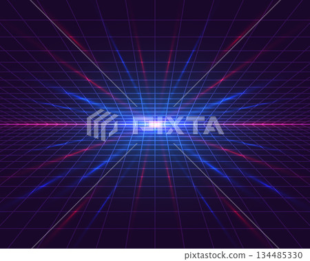Retro Futuristic Synthwave Style Abstract Background with Glowing Neon Grid and Central Blue Magenta Horizon Light Retro Futuristic Synthwave Style Abstract Background with Glowing Neon Grid and Central Blue Magenta Horizon Light 134485330