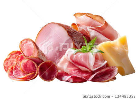 Assorted meats including ham, salami, prosciutto, and cheese arranged beautifully for a gourmet presentation with vibrant colors and textures. Isolated on transparent background 134485352