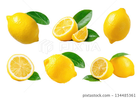 Whole and sliced lemons with vibrant green leaves, showcasing fresh citrus fruits in a bright and appealing arrangement for culinary use. Isolated on transparent background Whole and sliced lemons with vibrant green leaves, showcasing fresh citrus fruits in a bright and appealing arrangement for culinary use. Isolated on transparent background 134485361
