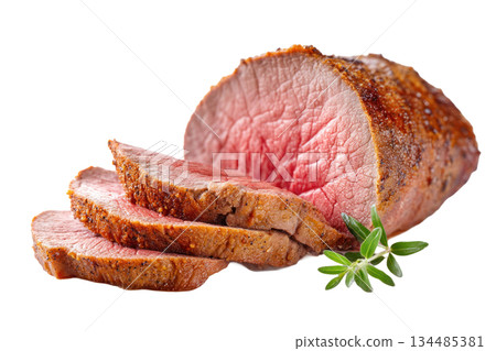 Juicy slices of perfectly roasted beef with a rich brown crust, garnished with fresh herbs, showcasing culinary excellence and appetizing presentation. Isolated on transparent background 134485381