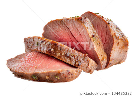 Slices of juicy roast beef with a rich brown crust, showcasing tender meat and flavorful seasoning, perfect for culinary presentations and gourmet dishes. Isolated on transparent background 134485382