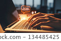 Hands typing on laptop keyboard with digital icons representing customer engagement and communication, illustrating modern online interaction and marketing strategies 134485425