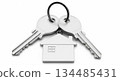 Silver house keys on a keyring with a house-shaped keychain, symbolizing the concept of home rental and property ownership opportunities 134485431