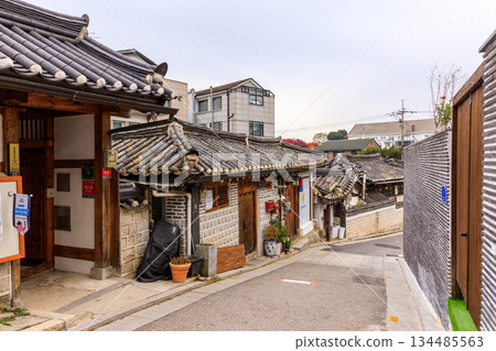 Scenery of Bukchon Hanok Village with many steep slopes Scenery of Bukchon Hanok Village with many steep slopes 134485563