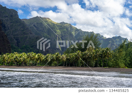 Remote beach in Hakaui Bay, Nuku Hiva, Marquesas Islands, French Polynesia 134485825