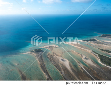 Aerial view of a motu in Tikehau Atoll, French Polynesia Aerial view of a motu in Tikehau Atoll, French Polynesia 134485849
