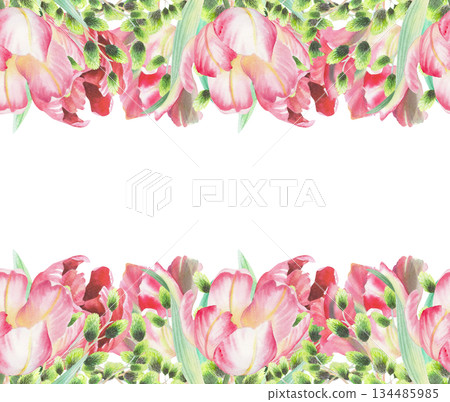 Seamless borders of tulips and willows. Watercolor illustration. For fabric, wallpaper, packing paper, greeting cards, design, decoration and illustration. Seamless borders of tulips and willows. Watercolor illustration. For fabric, wallpaper, packing paper, greeting cards, design, decoration and illustration. 134485985