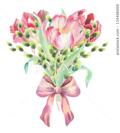 Bouquet of tulips and willows with the bow. Watercolor illustration. For fabric, wallpaper, packing paper, greeting cards, design, decoration and illustration. Bouquet of tulips and willows with the bow. Watercolor illustration. For fabric, wallpaper, packing paper, greeting cards, design, decoration and illustration. 134486009