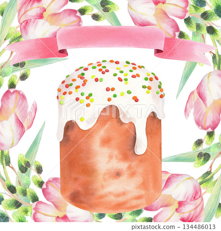 Square composition of willows, tulips and easter cake. Watercolor illustration. For fabric, wallpaper, packing paper, greeting cards, design, decoration and illustration. Square composition of willows, tulips and easter cake. Watercolor illustration. For fabric, wallpaper, packing paper, greeting cards, design, decoration and illustration. 134486013