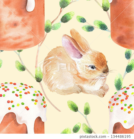 Seamless pattern of easter cake, rabbit and willow branches on a beige background. Watercolor illustration. For fabric, wallpaper, packing paper, greeting cards, design, decoration and illustration. Seamless pattern of easter cake, rabbit and willow branches on a beige background. Watercolor illustration. For fabric, wallpaper, packing paper, greeting cards, design, decoration and illustration. 134486195