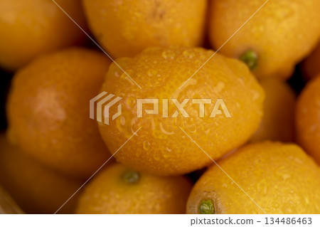 wet orange fruits of juicy fresh and fragrant kumquat on a black wooden table, oval oblong kumquat fruit covered with drops of water and scattered on a black table made of pine wood 134486463