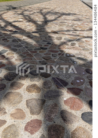 dark shadow from trees on a road made of stones , a converted old classic road in the countryside with shade from trees in sunny weather 134486484