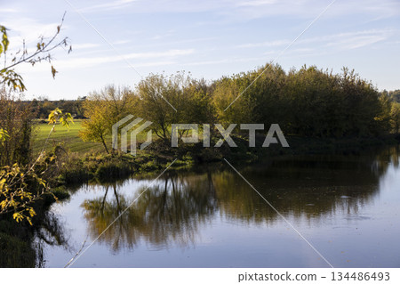 autumn river in sunny weather at sunset, beautiful deciduous trees on the riverbank before the fall of leaves, evening time before sunset 134486493