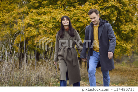 Smiling couple holding hands while walking in autumn park with golden foliage 134486735