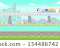 SkyTrain in city with park below and building background in pixel game scene. 134486742