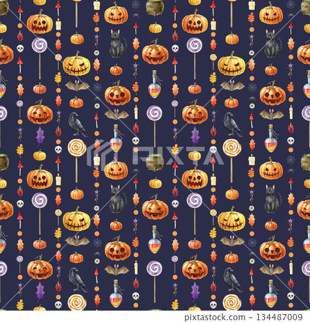 Halloween traditional holiday elements seamless pattern decor. Hand drawn candy treats, potion bottle, cat, raven, pumpkins watercolor illustration. Halloween mood pattern on dark background. Halloween traditional holiday elements seamless pattern decor. Hand drawn candy treats, potion bottle, cat, raven, pumpkins watercolor illustration. Halloween mood pattern on dark background. 134487009